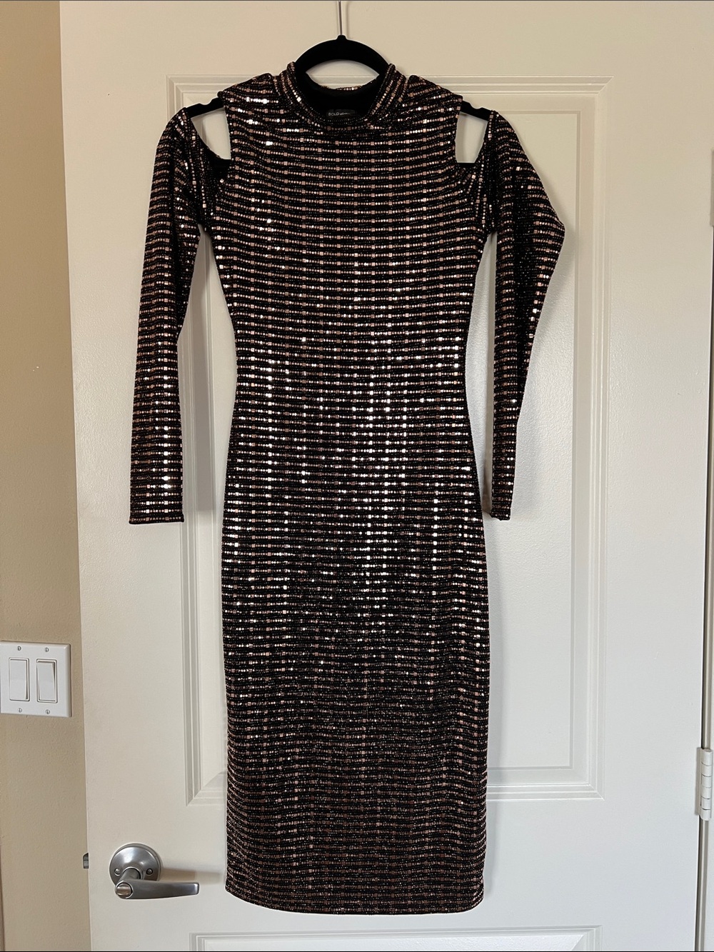 Black Sequin Cold-Shoulder Long Sleeve Midi Dress